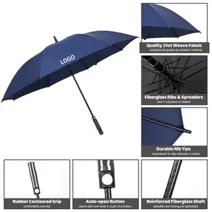 Özel toptan hediye güçlü siyah yağmur rüzgar geçirmez erkekler uzun çubuk Golf şemsiyesi logo baskılı kozmetik kapları şemsiye