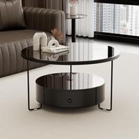Table basse noire moderne avec rangement, table basse ronde en verre, table basse minimaliste