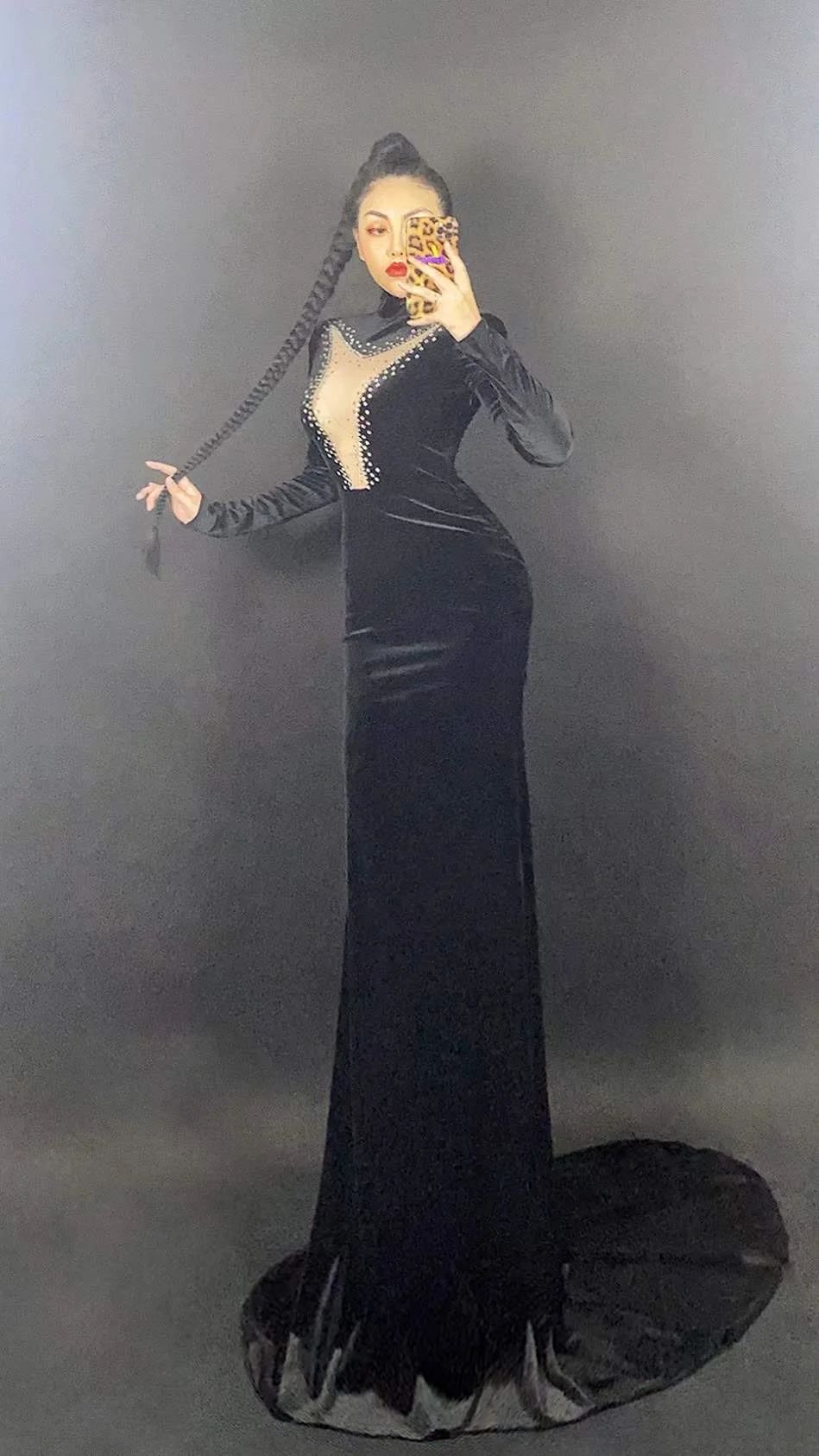 Black Swan Velvet Long Dress with Rhinestones for Women