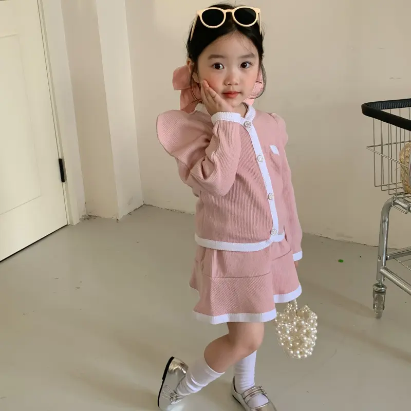 キッズウェアガール秋ベビーガールニットカーディガンスカートツーピースセット幼児ガールピンクスカート服セット