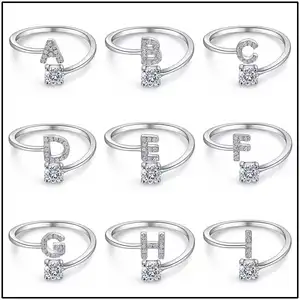 26 English Letter Models Diamond S925 Sterling Silver Female Opening Adjustable Couple Gift Ring Wholesale