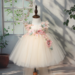 Vestito Estivo per Bambina <span class=keywords><strong>con</strong></span> Fiori 3D Principessa Schiena Scoperta Verde <span class=keywords><strong>con</strong></span> Farfalla 3D e Grande Fiocco per Compleanno - Product Image 1