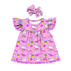 Vestido Casual Personalizado para <span class=keywords><strong>Niñas</strong></span> con Adorno de Pompones y Mangas con Volantes, Estampado Navideño/Árbol de Navidad, Corte en A, Tallas 2T-7T - Product Image 5