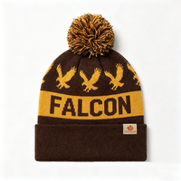 Bonnet en tricot jacquard graphique marron et jaune avec étiquette tissée, revers, double couche, bonnet d'hiver personnalisé avec pompon, fabricant BSCI