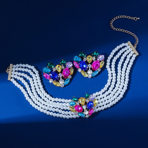 女性のための豪華な結婚式チョーカーステートメントラインストーンネックレスとイヤリングセット - Product Image 2