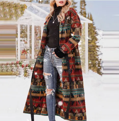 Yeni varış artı boyutu kadın uzun aztek ceket ve mont bayanlar güz kış çift taraflı baskılı uzun palto kadın