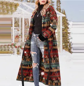 新着プラスサイズの女性用ロングアステカジャケットとコートレディース秋冬両面プリントロングコート女性用