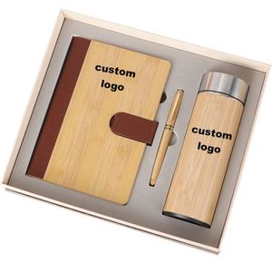 Luxury Bamboo Wood Stainless Steel Water Bottles Custom Logo Quality Notebook with <b>Pen</b> for Back to School Gift Set - Product Image 1