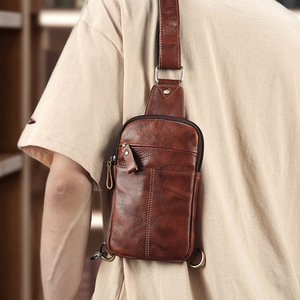 Men's Genuine Leather Chest <b>Bag</b> Brown Zipper Closure Crossbody Outdoor Travel Single Shoulder <b>Bag</b> Telescopic Handle Solid Color - Product Image 4
