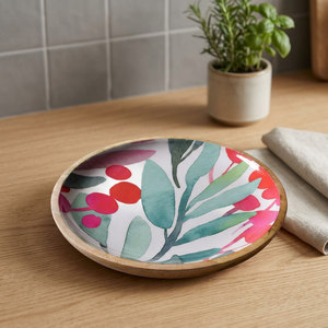 Assiette décorative ovale en bois avec motif végétal peint à la main, style bohème, pour servir ou décorer - Product Image 3