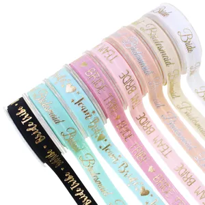 5/8" Gold Foil Bride Bridesmaid Team Printed Fold Over Elastic Tape Wedding for Hair Tie