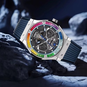 Montres PINDU, montre mécanique de luxe de haute qualité avec diamants colorés, pour hommes, résistante à l'eau 5BAR, bracelet en acier inoxydable et silicone - Product Image 2