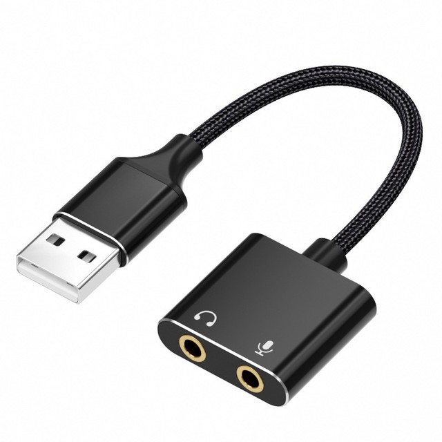 USB Sound Card Adapter with 3.5mm Audio Converter Cable External AUX Splitter for PC Laptop & PS4 PVC Jacket Black & Silver