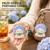 Gantungan Kunci Boneka Kucing Hydrangea Kustom Bunga Putih Dengan Tudung Bunga Hydrangea 3D Bordir Logo Kustom Kotak Hadiah Cetak