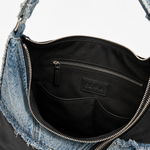 Bolso de hombro de mezclilla para mujer, bolso casual tipo hobo, bolso tote con cremallera de gran capacidad, bolso de moda azul con patchwork para llevar bajo el brazo - Product Image 5