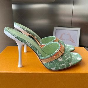 Mules da <span class=keywords><strong>Donna</strong></span> di Design in Denim con Punta Aperta e Tacco a Spillo da 9 cm, con Finiture in Pelle, per l'Estate, Uso Quotidiano e Feste, alla Moda - Product Image 2