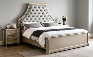 Premium <b>Queen</b> <b>Size</b> Champagne Finish <b>Bed</b> With Grey Diamond Tufted Nailhead Tall Arched Upholstered Headboard For Luxury Bedroom - Product Image 5