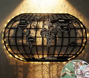 Vendita all'ingrosso mappa del mondo di corsa della parete di arte-Arte della parete del metallo della mappa del mondo all'ingrosso con arte della parete della luce del led per la decorazione del ristorante