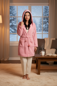 Bata de lana con capucha para mujer, hasta la rodilla, con cordón, suave y acogedora, ropa de dormir de invierno, abrigo de punto de color liso. - Product Image 2