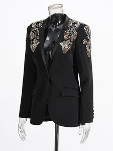 Giacca da <span class=keywords><strong>donna</strong></span> nera di lusso 2025 autunno nuovi cappotti corti a maniche lunghe con diamanti Sexy Deep-V - Product Image 3