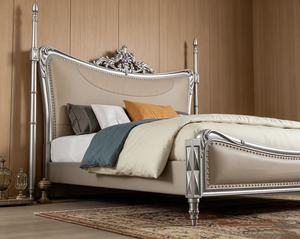 Premium Queen Size Silver Four Poster <b>Bed</b> With Beige Upholstered Ornate Carved Nailhead Headboard For Luxury Bedroom - Product Image 5