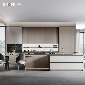 SOFEYIA, armario de isla de cocina personalizado, gabinetes de vidrio de chapa de madera MDF, grifo, bisagra, cajón, cesta, fregadero, resina laminada de mármol - Product Image 1