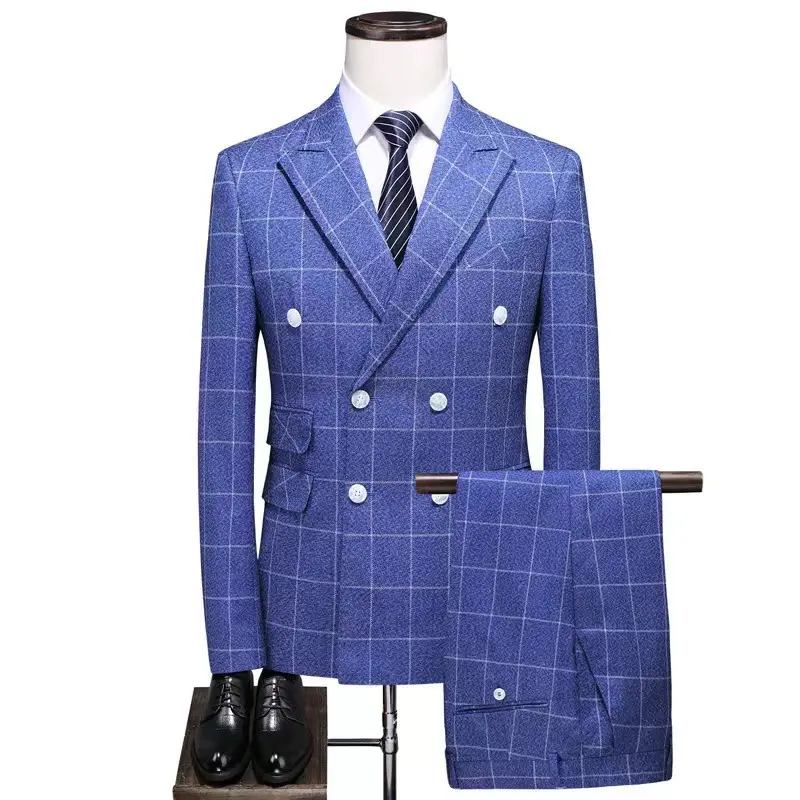 ST048 Custom Light Gray Slim Fit Coat Pant Formal Dress Gentleman Vintage Banquet Plaid Double Breasted 3 Pieces Suit For Men
