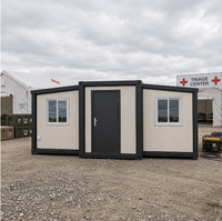 Maison pliable extensible en grain de bois beige, type conteneur, pour hébergement en centre de triage médical d'urgence