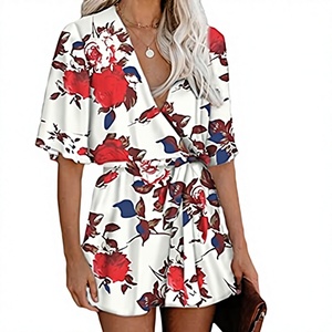 Combinaison pour femme avec broderie florale, col en V, manches courtes, coupe ample, ceinture, décontractée, printemps-été, vente en gros, vêtements pour femme - Product Image 3