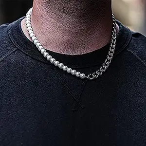 Collier de perles rétro pour hommes et femmes, demi-chaîne en acier inoxydable, argent, lien cubain