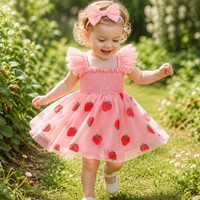 Robe d'été pour nouveau-né, barboteuse à corsage smocké, bretelles à volants en tulle, jupe à motif fraise, entrejambe à boutons-pression, robe d'été pour bébé