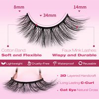 ISABELLA Faux cils en vison synthétique 14mm, effet naturel 3D, œil de chat, noirs, tiges en coton, plateau PBT, lot de 14 paires