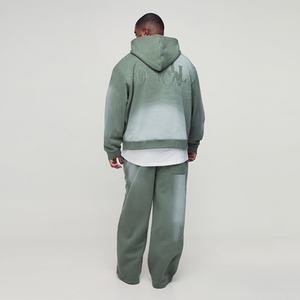 Conjunto de 2 piezas de sudadera con capucha oversize y pantalones de chándal de pierna ancha de algodón con efecto deslavado y desgastado por el sol para hombre, estilo streetwear. - Product Image 3