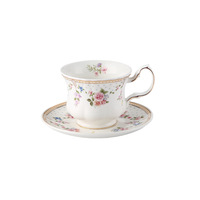 Ensemble tasse et soucoupe à café en céramique classique rétro vintage avec bordure dorée, motif floral - Luxe léger, capacité 201-300 ml pour le thé de l'après-midi