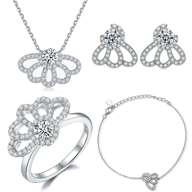 Wholesale GF S925 Sterling Silver Jewelry Set (4 Pieces) Designer Earrings European-American Style Rings Fashionable Zircon Gold