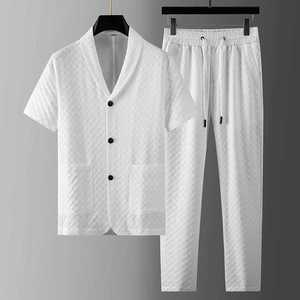 Abiti estivi a <span class=keywords><strong>maniche</strong></span> <span class=keywords><strong>corte</strong></span> Casual e traspirante alla moda camicie con bottoni con bottoni a scacchi da corsa Comfort Set da <span class=keywords><strong>uomo</strong></span> in due pezzi - Product Image 3