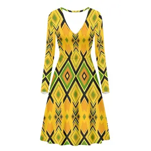 Женские платья с принтом логотипа, ямайский дизайн, оптовая продажа, индивидуальные платья с V-образным вырезом, с длинным рукавом, повседневные платья, Популярные