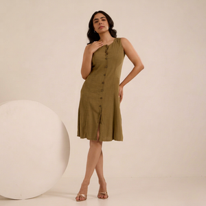 Vestido midi sin mangas con cuello redondo, abertura frontal con botones, corte ajustado, informal, de verano, tejido de algodón y fibra de bambú, color liso, para mujer. - Product Image 1