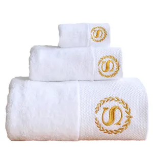 批发自有品牌毛巾五星级酒店100% 纯棉奢华套装白色实用尺寸图案可定制浴巾