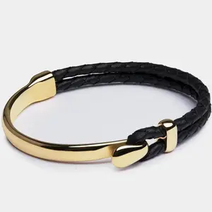 Stock Available Minimalist Mens Leather Bracelets Braided Cuff 18k Gold Plated Stainless Steel Cool Bracelet Jewelry