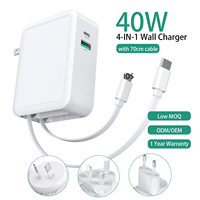 Cargador Rápido HNT 40W GaN USB-C+A con Cable Retráctil, Adaptador de Viaje Universal para Teléfono Móvil con Material Ignífugo ABS+PC