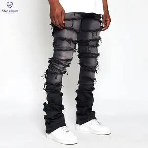 Pantalon en jean empilé en coton denim uni grande taille pour hommes de 2022 OEM Vente en gros de jeans empilés personnalisés déchirés avec marque privée