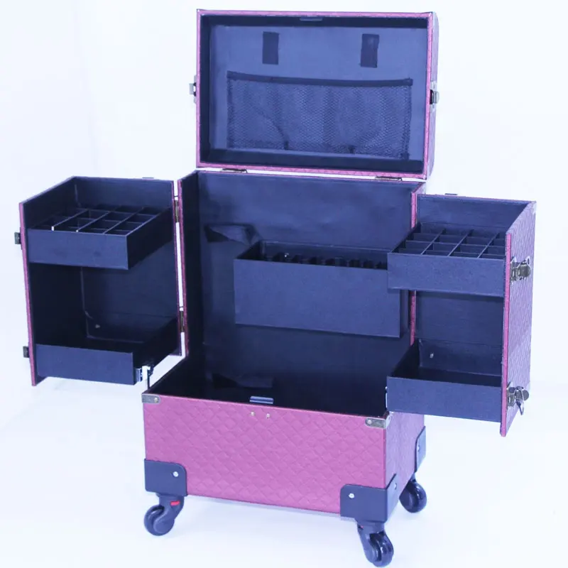 Wholesale professional vegan leather cosmetic case makeup rolling case extra large makeup case travel in pink
