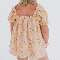 Ensemble assorti décontracté en gaze de coton à imprimé floral, col carré, manches bouffantes et volants pour femme - Fabricant