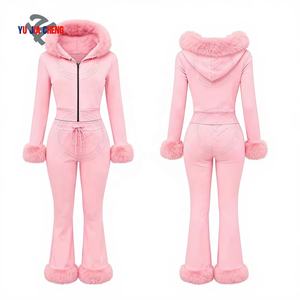 Maßgefertigter Winter-Trainingsanzug mit Abnehmbarem Fellkragen, Reißverschluss-Kapuzenjacke und Schlaghose für Damen, Hochwertiges 2-Teiliges Fitness-Set - Product Image 1