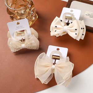 9 सेमी काले और बेज कपड़े के बाल धनुष कार्ड फीता तितली बालों की क्लिप सुरुचिपूर्ण बाल उपकरण - Product Image 2