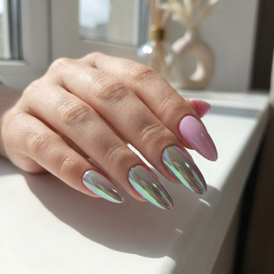 24 <span class=keywords><strong>Uñas</strong></span> Postizas Medianas Almendradas Metálicas Cromadas Brillantes con Diseños Surtidos, Cobertura Completa, Reutilizables, Venta al por Mayor - Product Image 4