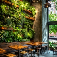 Ensemble de mobilier de restaurant au design moderne et contemporain - Tables en bois à bord naturel, chaises en métal noir, banquettes en cuir/tissu - Usage commercial