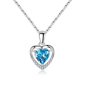 Collar con colgante de corazón de circonia cúbica azul para mujer, joyería de moda personalizada elegante, piedras preciosas de cristal delicadas, colgante de corazón de amor