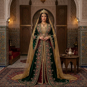 Robe caftan de mariage traditionnelle vert foncé sur fond doré, brodée, longueur ras du sol, coupe classique pour femme, en crêpe banane, style ethnique élégant - Product Image 1
